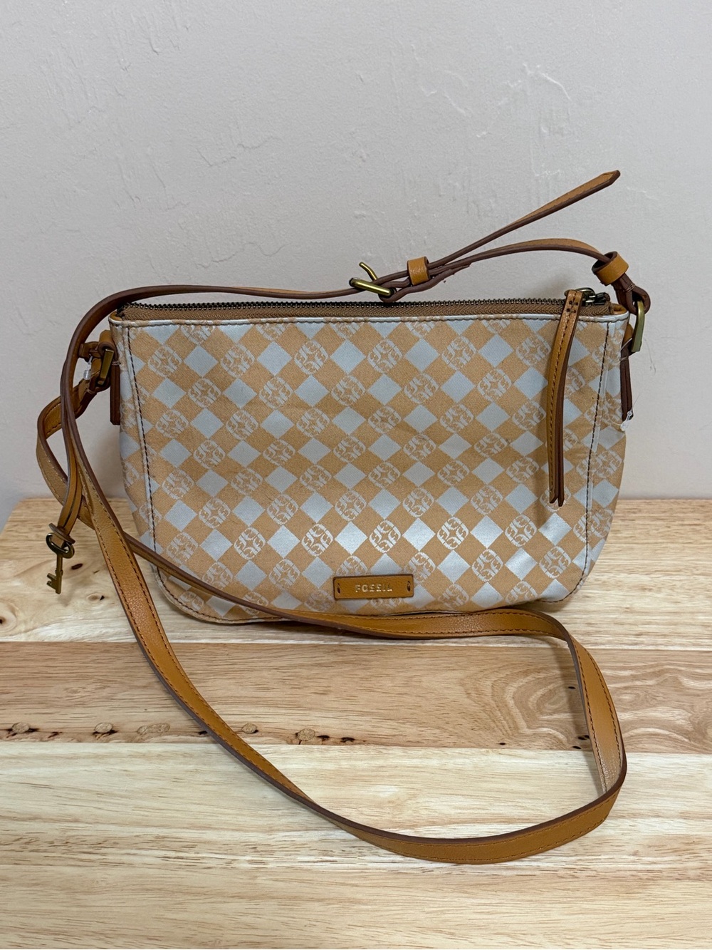 Fossil Tan & Cream Checker Crossbody Bag